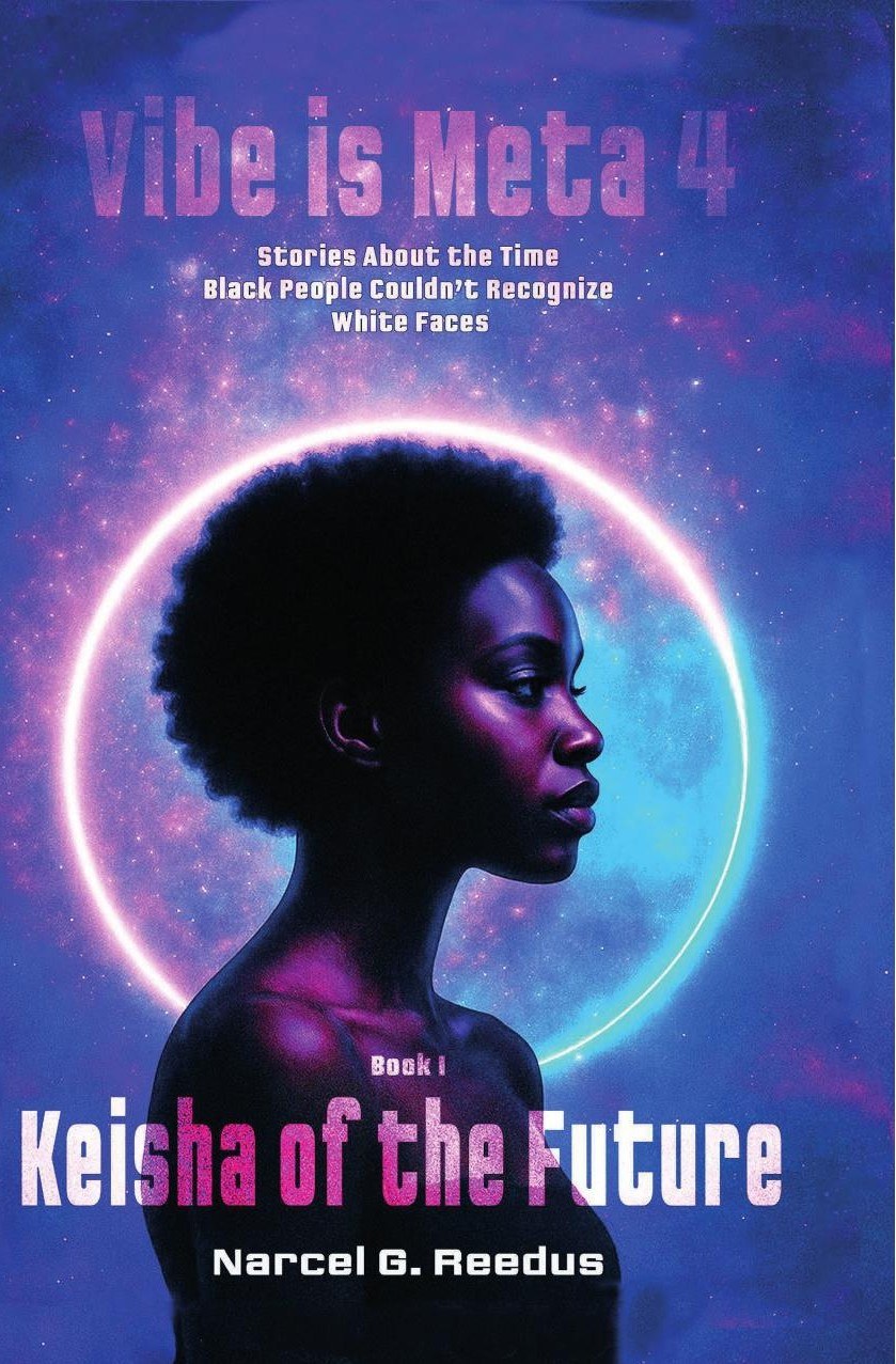 Keisha of the Future book cover &mdash; a Black woman in profile inside a glowing gold and cyan ring