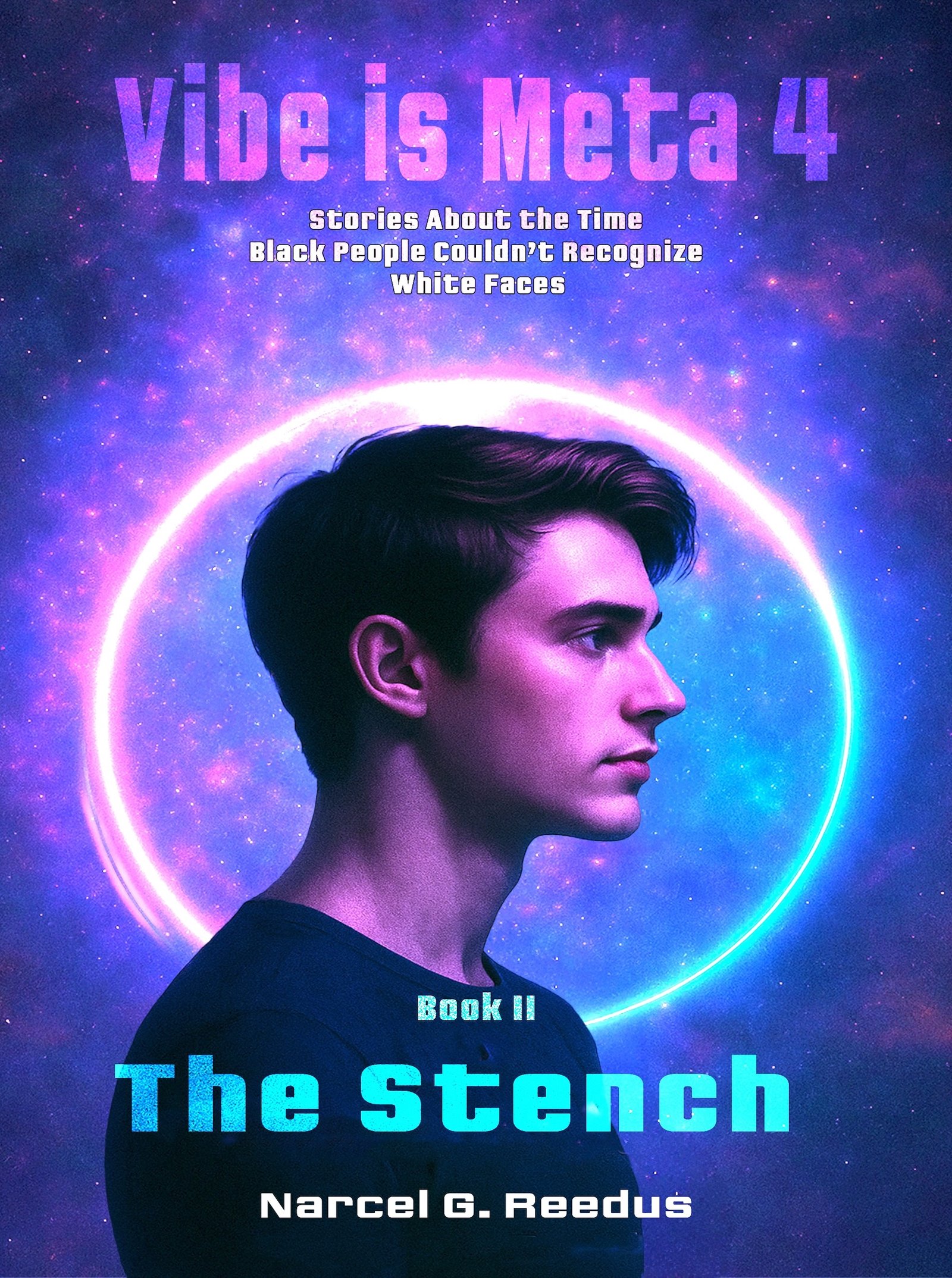 Profile of a young White man with a glowing ring behind him.